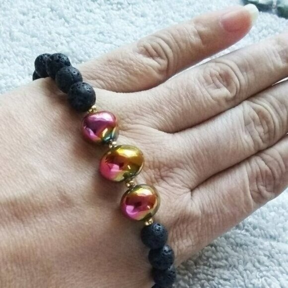 GIFT SET! Magenta Rose Gold + Lava Rock Beads ~ Vibrant Bold Bracelet + Earrings - Picture 6 of 12